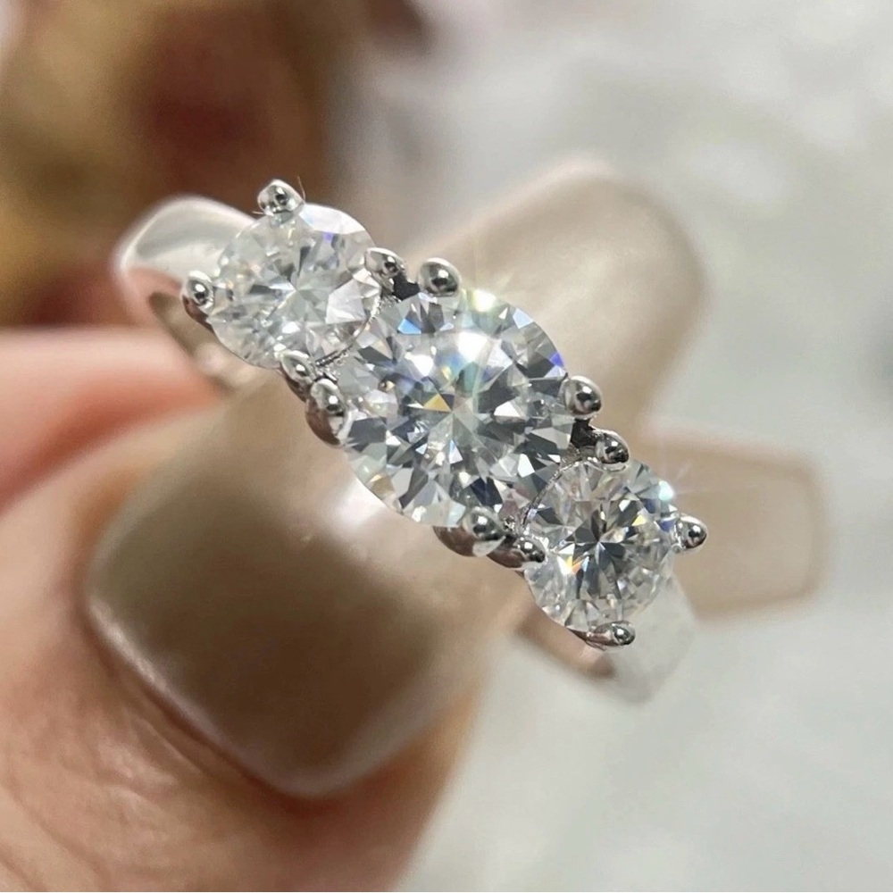 Three-Stone Round Sterling Silver 925 Moissanite Ring GRA Certified